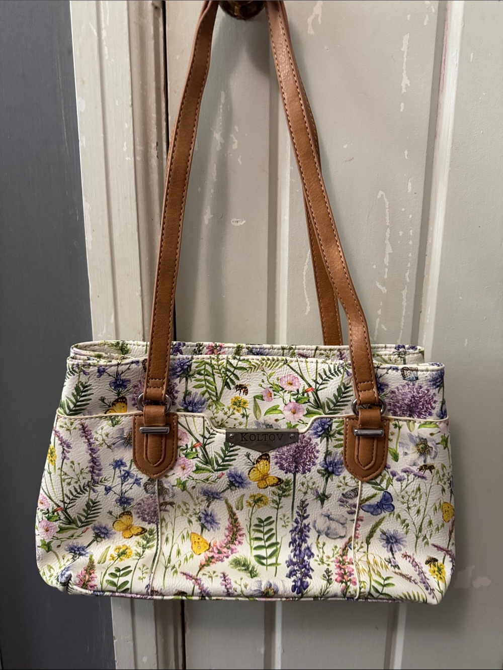 Koltov White Floral Shoulder Bag with Brown Straps